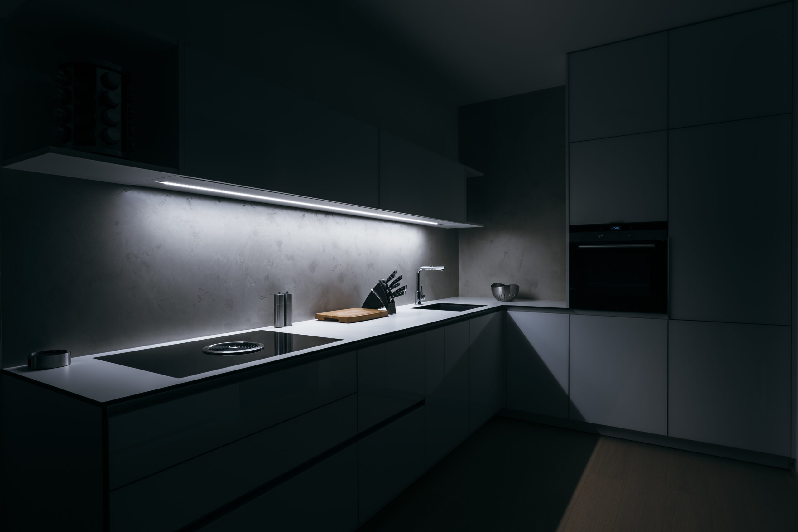 Modern,Kitchen,In,Minimalist,Design,During,Night,With,Led,Light