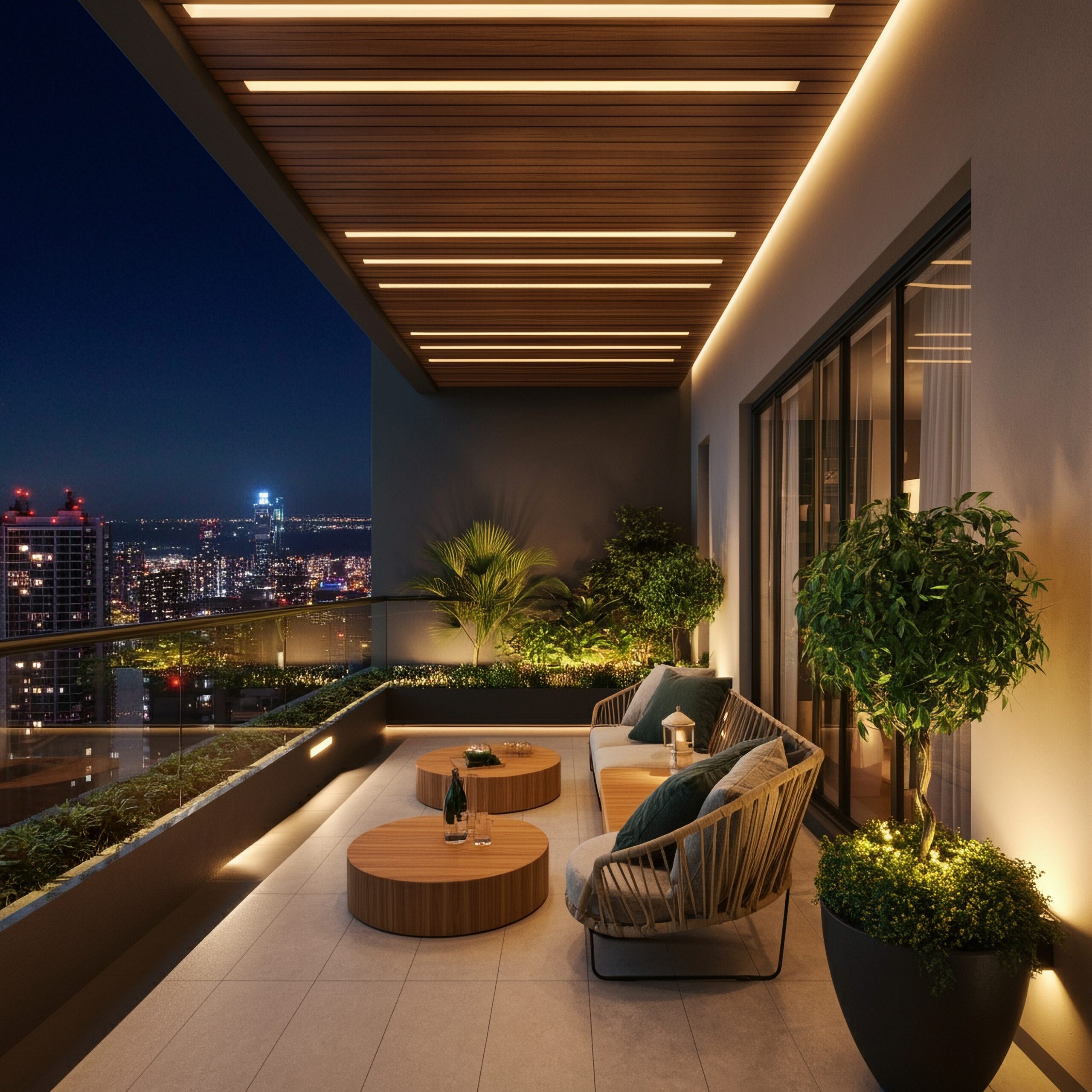 Design,A,Luxurious,Balcony,With,Modern,Furniture,,Integrated,Ambient,Lighting,