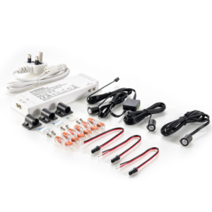 24V 60W Driver, 1x Single & 1x Twin Black PIR, 1x 3A Plug & 1.5m White Cable, 3x Strip to Wire Connectors with 6x Inline WAGO